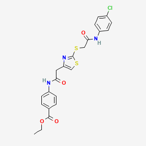 molecular formula C22H20ClN3O4S2 B2799145 Ethyl 4-(2-(2-((2-((4-chlorophenyl)amino)-2-oxoethyl)thio)thiazol-4-yl)acetamido)benzoate CAS No. 954018-59-8