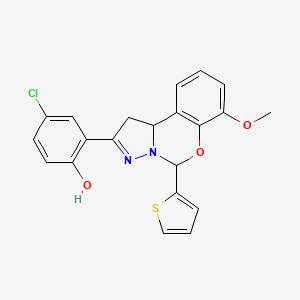 molecular formula C21H17ClN2O3S B2799151 4-chloro-2-(7-methoxy-5-(thiophen-2-yl)-5,10b-dihydro-1H-benzo[e]pyrazolo[1,5-c][1,3]oxazin-2-yl)phenol CAS No. 900003-75-0