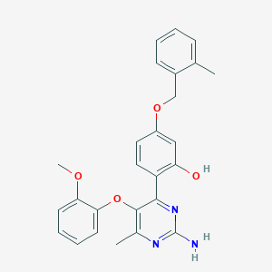 molecular formula C26H25N3O4 B2799265 2-(2-Amino-5-(2-methoxyphenoxy)-6-methylpyrimidin-4-yl)-5-((2-methylbenzyl)oxy)phenol CAS No. 877806-85-4
