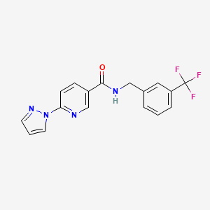 molecular formula C17H13F3N4O B2799303 6-(1H-pyrazol-1-yl)-N-(3-(trifluoromethyl)benzyl)nicotinamide CAS No. 321533-73-7