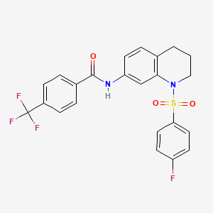 molecular formula C23H18F4N2O3S B2799308 N-(1-((4-fluorophenyl)sulfonyl)-1,2,3,4-tetrahydroquinolin-7-yl)-4-(trifluoromethyl)benzamide CAS No. 1005302-44-2