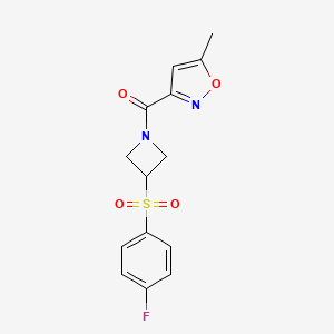 molecular formula C14H13FN2O4S B2799335 (3-((4-Fluorophenyl)sulfonyl)azetidin-1-yl)(5-methylisoxazol-3-yl)methanone CAS No. 1797342-03-0