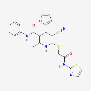 molecular formula C23H19N5O3S2 B2799339 5-cyano-4-(furan-2-yl)-2-methyl-6-((2-oxo-2-(thiazol-2-ylamino)ethyl)thio)-N-phenyl-1,4-dihydropyridine-3-carboxamide CAS No. 361372-60-3