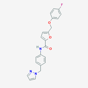 molecular formula C22H18FN3O3 B279934 5-[(4-fluorophenoxy)methyl]-N-[4-(1H-pyrazol-1-ylmethyl)phenyl]-2-furamide 