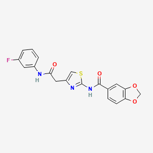 molecular formula C19H14FN3O4S B2799354 N-(4-(2-((3-fluorophenyl)amino)-2-oxoethyl)thiazol-2-yl)benzo[d][1,3]dioxole-5-carboxamide CAS No. 941985-10-0