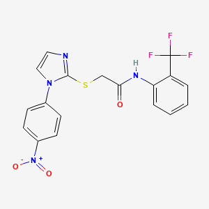 molecular formula C18H13F3N4O3S B2799412 2-[1-(4-nitrophenyl)imidazol-2-yl]sulfanyl-N-[2-(trifluoromethyl)phenyl]acetamide CAS No. 851079-34-0