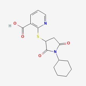 molecular formula C16H18N2O4S B2799423 2-((1-Cyclohexyl-2,5-dioxopyrrolidin-3-yl)thio)nicotinic acid CAS No. 514183-40-5