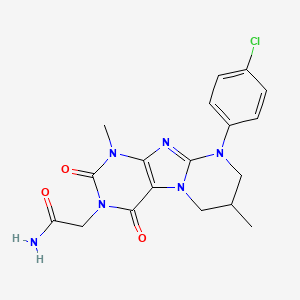 molecular formula C18H19ClN6O3 B2799466 2-(9-(4-chlorophenyl)-1,7-dimethyl-2,4-dioxo-1,2,6,7,8,9-hexahydropyrimido[2,1-f]purin-3(4H)-yl)acetamide CAS No. 876151-62-1
