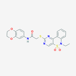 molecular formula C22H20N4O5S2 B2799534 N-(2,3-dihydrobenzo[b][1,4]dioxin-6-yl)-2-((6-ethyl-5,5-dioxido-6H-benzo[c]pyrimido[4,5-e][1,2]thiazin-2-yl)thio)acetamide CAS No. 1111281-25-4
