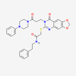 molecular formula C32H33N5O5S B2799546 2-((8-氧代-7-(3-氧代-3-(4-苯基哌嗪-1-基)丙基)-7,8-二氢-[1,3]二氧杂环[4,5-g]喹唑啉-6-基)硫)-N-苯乙酰基乙酰胺 CAS No. 896706-54-0