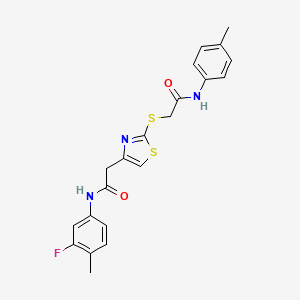 molecular formula C21H20FN3O2S2 B2799654 N-(3-fluoro-4-methylphenyl)-2-(2-((2-oxo-2-(p-tolylamino)ethyl)thio)thiazol-4-yl)acetamide CAS No. 941981-12-0