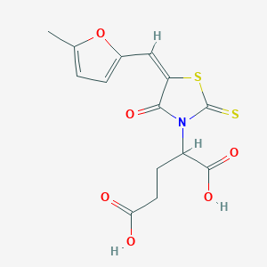 molecular formula C14H13NO6S2 B2799716 (E)-2-(5-((5-methylfuran-2-yl)methylene)-4-oxo-2-thioxothiazolidin-3-yl)pentanedioic acid CAS No. 853904-08-2