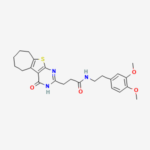 molecular formula C24H29N3O4S B2799796 N-(3,4-dimethoxyphenethyl)-3-(4-oxo-4,5,6,7,8,9-hexahydro-3H-cyclohepta[4,5]thieno[2,3-d]pyrimidin-2-yl)propanamide CAS No. 950414-37-6