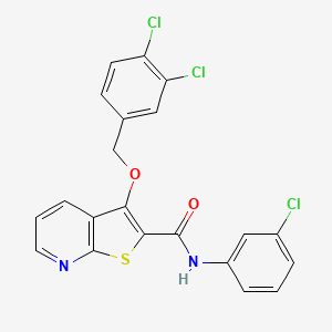 molecular formula C21H13Cl3N2O2S B2799808 N-(3-chlorophenyl)-3-[(3,4-dichlorophenyl)methoxy]thieno[2,3-b]pyridine-2-carboxamide CAS No. 338757-03-2