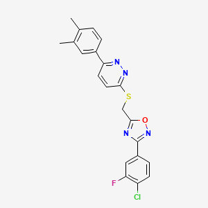 molecular formula C21H16ClFN4OS B2799812 3-(4-Chloro-3-fluorophenyl)-5-(((6-(3,4-dimethylphenyl)pyridazin-3-yl)thio)methyl)-1,2,4-oxadiazole CAS No. 1112444-59-3