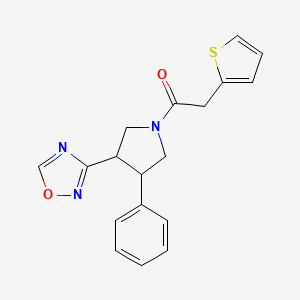 molecular formula C18H17N3O2S B2799823 1-(3-(1,2,4-Oxadiazol-3-yl)-4-phenylpyrrolidin-1-yl)-2-(thiophen-2-yl)ethanone CAS No. 2034350-32-6