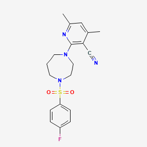 molecular formula C19H21FN4O2S B2799831 2-{4-[(4-Fluorophenyl)sulfonyl]-1,4-diazepan-1-yl}-4,6-dimethylnicotinonitrile CAS No. 478256-84-7