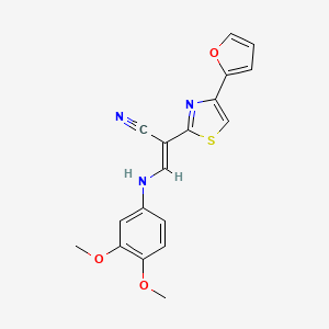 molecular formula C18H15N3O3S B2799863 (E)-3-((3,4-dimethoxyphenyl)amino)-2-(4-(furan-2-yl)thiazol-2-yl)acrylonitrile CAS No. 1021251-82-0