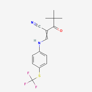 molecular formula C15H15F3N2OS B2799872 4,4-Dimethyl-3-oxo-2-[[4-(trifluoromethylsulfanyl)anilino]methylidene]pentanenitrile CAS No. 1025223-71-5
