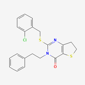 molecular formula C21H19ClN2OS2 B2800082 2-((2-chlorobenzyl)thio)-3-phenethyl-6,7-dihydrothieno[3,2-d]pyrimidin-4(3H)-one CAS No. 877652-90-9