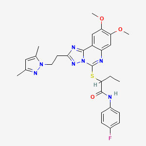 molecular formula C28H30FN7O3S B2800089 2-({2-[2-(3,5-二甲基-1H-吡唑-1-基)乙基]-8,9-二甲氧基-[1,2,4]三唑并[1,5-c]喹唑啉-5-基}硫代)-N-(4-氟苯基)丁酰胺 CAS No. 1020048-28-5