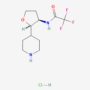molecular formula C11H18ClF3N2O2 B2800156 2,2,2-trifluoro-N-[(2S,3R)-2-(piperidin-4-yl)oxolan-3-yl]acetamide hydrochloride CAS No. 2031242-82-5