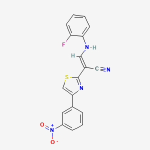 molecular formula C18H11FN4O2S B2800177 (E)-3-((2-氟苯基)氨基)-2-(4-(3-硝基苯基)噻唑-2-基)丙烯腈 CAS No. 476676-48-9
