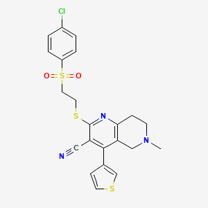 molecular formula C22H20ClN3O2S3 B2800218 2-[2-(4-chlorophenyl)sulfonylethylsulfanyl]-6-methyl-4-thiophen-3-yl-7,8-dihydro-5H-1,6-naphthyridine-3-carbonitrile CAS No. 625368-12-9