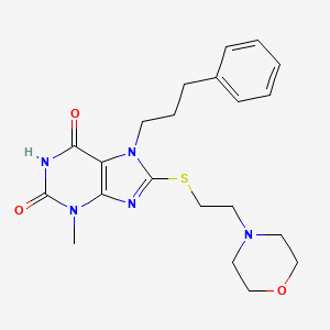 molecular formula C21H27N5O3S B2800220 3-methyl-8-((2-morpholinoethyl)thio)-7-(3-phenylpropyl)-1H-purine-2,6(3H,7H)-dione CAS No. 442865-02-3