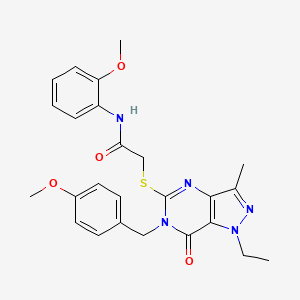 molecular formula C25H27N5O4S B2800222 2-({1-乙基-6-[(4-甲氧基苯基)甲基]-3-甲基-7-氧代-1H,6H,7H-吡唑啉[4,3-d]嘧啶-5-基)硫)-N-(2-甲氧基苯基)乙酰胺 CAS No. 1359129-48-8