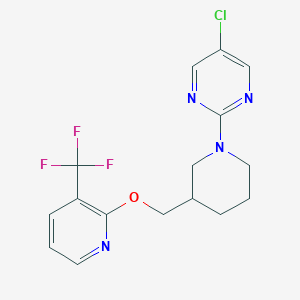 molecular formula C16H16ClF3N4O B2800239 5-Chloro-2-[3-[[3-(trifluoromethyl)pyridin-2-yl]oxymethyl]piperidin-1-yl]pyrimidine CAS No. 2379984-78-6