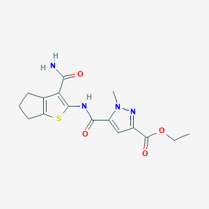 molecular formula C16H18N4O4S B280025 ethyl 5-[(3-carbamoyl-5,6-dihydro-4H-cyclopenta[b]thiophen-2-yl)carbamoyl]-1-methyl-1H-pyrazole-3-carboxylate 