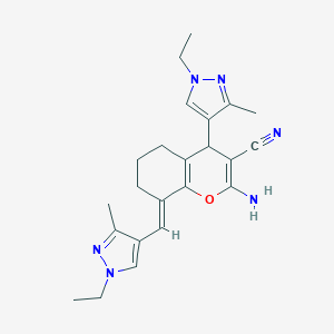 molecular formula C23H28N6O B280029 (8E)-2-amino-4-(1-ethyl-3-methyl-1H-pyrazol-4-yl)-8-[(1-ethyl-3-methyl-1H-pyrazol-4-yl)methylidene]-5,6,7,8-tetrahydro-4H-chromene-3-carbonitrile 