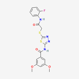 molecular formula C19H17FN4O4S2 B2800298 N-(5-((2-((2-fluorophenyl)amino)-2-oxoethyl)thio)-1,3,4-thiadiazol-2-yl)-3,5-dimethoxybenzamide CAS No. 392298-72-5