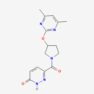 molecular formula C15H17N5O3 B2800344 6-(3-((4,6-dimethylpyrimidin-2-yl)oxy)pyrrolidine-1-carbonyl)pyridazin-3(2H)-one CAS No. 2034316-77-1