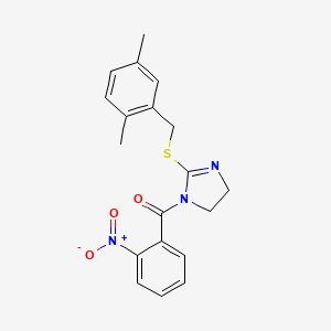 molecular formula C19H19N3O3S B2800407 (2-((2,5-dimethylbenzyl)thio)-4,5-dihydro-1H-imidazol-1-yl)(2-nitrophenyl)methanone CAS No. 851804-50-7