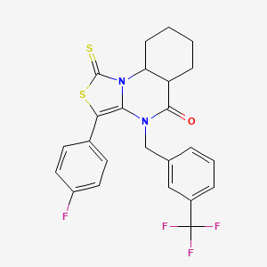 molecular formula C24H14F4N2OS2 B2800435 3-(4-fluorophenyl)-1-sulfanylidene-4-{[3-(trifluoromethyl)phenyl]methyl}-1H,4H,5H-[1,3]thiazolo[3,4-a]quinazolin-5-one CAS No. 902935-61-9