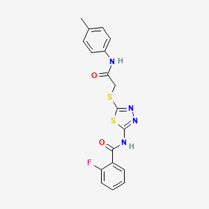 molecular formula C18H15FN4O2S2 B2800438 2-fluoro-N-(5-((2-oxo-2-(p-tolylamino)ethyl)thio)-1,3,4-thiadiazol-2-yl)benzamide CAS No. 392291-56-4