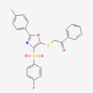 molecular formula C24H18FNO4S2 B2800465 2-((4-((4-Fluorophenyl)sulfonyl)-2-(p-tolyl)oxazol-5-yl)thio)-1-phenylethanone CAS No. 850926-73-7