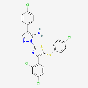 molecular formula C24H14Cl4N4S2 B2800521 4-(4-Chlorophenyl)-2-[5-(4-chlorophenyl)sulfanyl-4-(2,4-dichlorophenyl)-1,3-thiazol-2-yl]pyrazol-3-amine CAS No. 956738-22-0