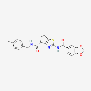molecular formula C23H21N3O4S B2800553 2-(benzo[d][1,3]dioxole-5-carboxamido)-N-(4-methylbenzyl)-5,6-dihydro-4H-cyclopenta[d]thiazole-4-carboxamide CAS No. 955759-34-9