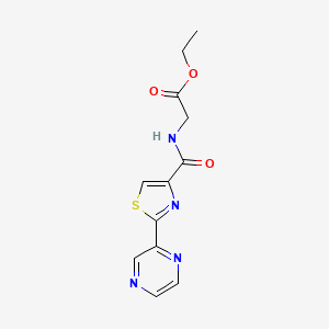 molecular formula C12H12N4O3S B2800575 Ethyl 2-(2-(pyrazin-2-yl)thiazole-4-carboxamido)acetate CAS No. 1235387-20-8