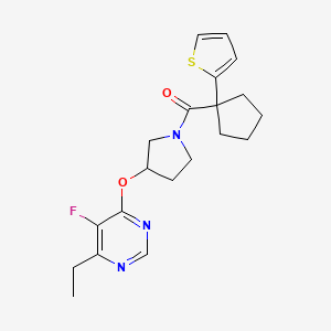 molecular formula C20H24FN3O2S B2800592 (3-((6-Ethyl-5-fluoropyrimidin-4-yl)oxy)pyrrolidin-1-yl)(1-(thiophen-2-yl)cyclopentyl)methanone CAS No. 2034476-81-6