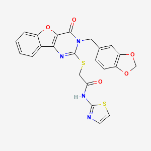 molecular formula C23H16N4O5S2 B2800606 2-{[3-(1,3-benzodioxol-5-ylmethyl)-4-oxo-3,4-dihydro[1]benzofuro[3,2-d]pyrimidin-2-yl]sulfanyl}-N-(1,3-thiazol-2-yl)acetamide CAS No. 900002-28-0