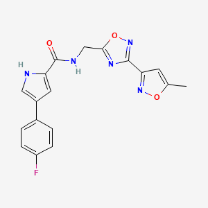 molecular formula C18H14FN5O3 B2800624 4-(4-氟苯基)-N-((3-(5-甲基异噁唑-3-基)-1,2,4-噁二唑-5-基)甲基)-1H-吡咯-2-甲酰胺 CAS No. 2034452-75-8