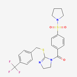 molecular formula C22H22F3N3O3S2 B2800634 (4-(pyrrolidin-1-ylsulfonyl)phenyl)(2-((4-(trifluoromethyl)benzyl)thio)-4,5-dihydro-1H-imidazol-1-yl)methanone CAS No. 851806-51-4