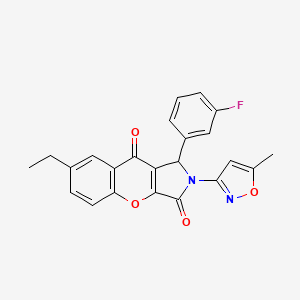 molecular formula C23H17FN2O4 B2800677 7-Ethyl-1-(3-fluorophenyl)-2-(5-methylisoxazol-3-yl)-1,2-dihydrochromeno[2,3-c]pyrrole-3,9-dione CAS No. 874397-16-7