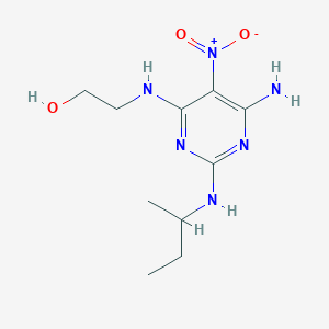 molecular formula C10H18N6O3 B2800758 2-(6-Amino-2-sec-butylamino-5-nitro-pyrimidin-4-ylamino)-ethanol CAS No. 672330-34-6