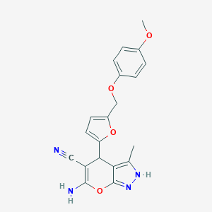 molecular formula C20H18N4O4 B280084 6-Amino-4-{5-[(4-methoxyphenoxy)methyl]furan-2-yl}-3-methyl-1,4-dihydropyrano[2,3-c]pyrazole-5-carbonitrile 