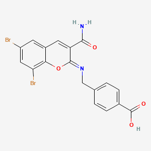 4-({[(2Z)-6,8-dibromo-3-carbamoyl-2H-chromen-2-ylidene]amino}methyl)benzoic acid